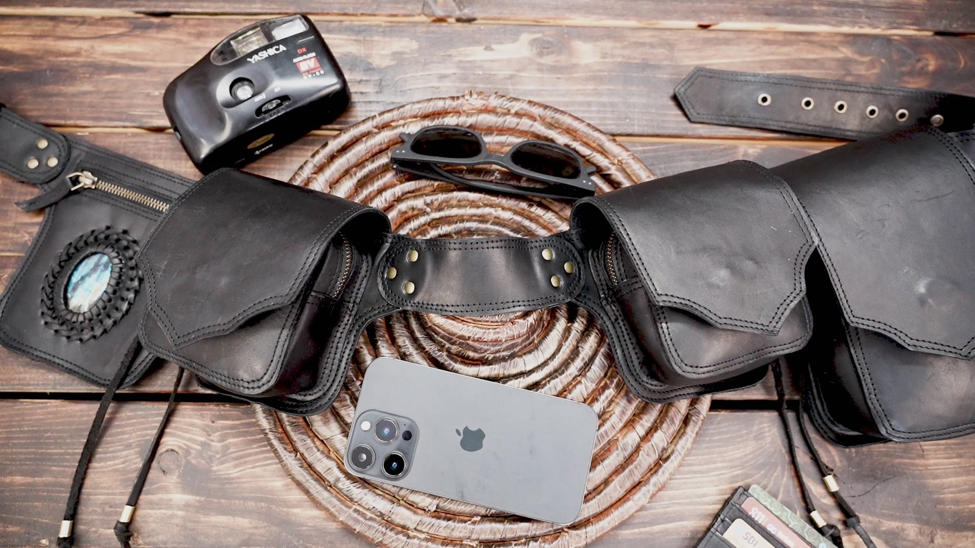 Artisan leather hip bag with gemstone inlay