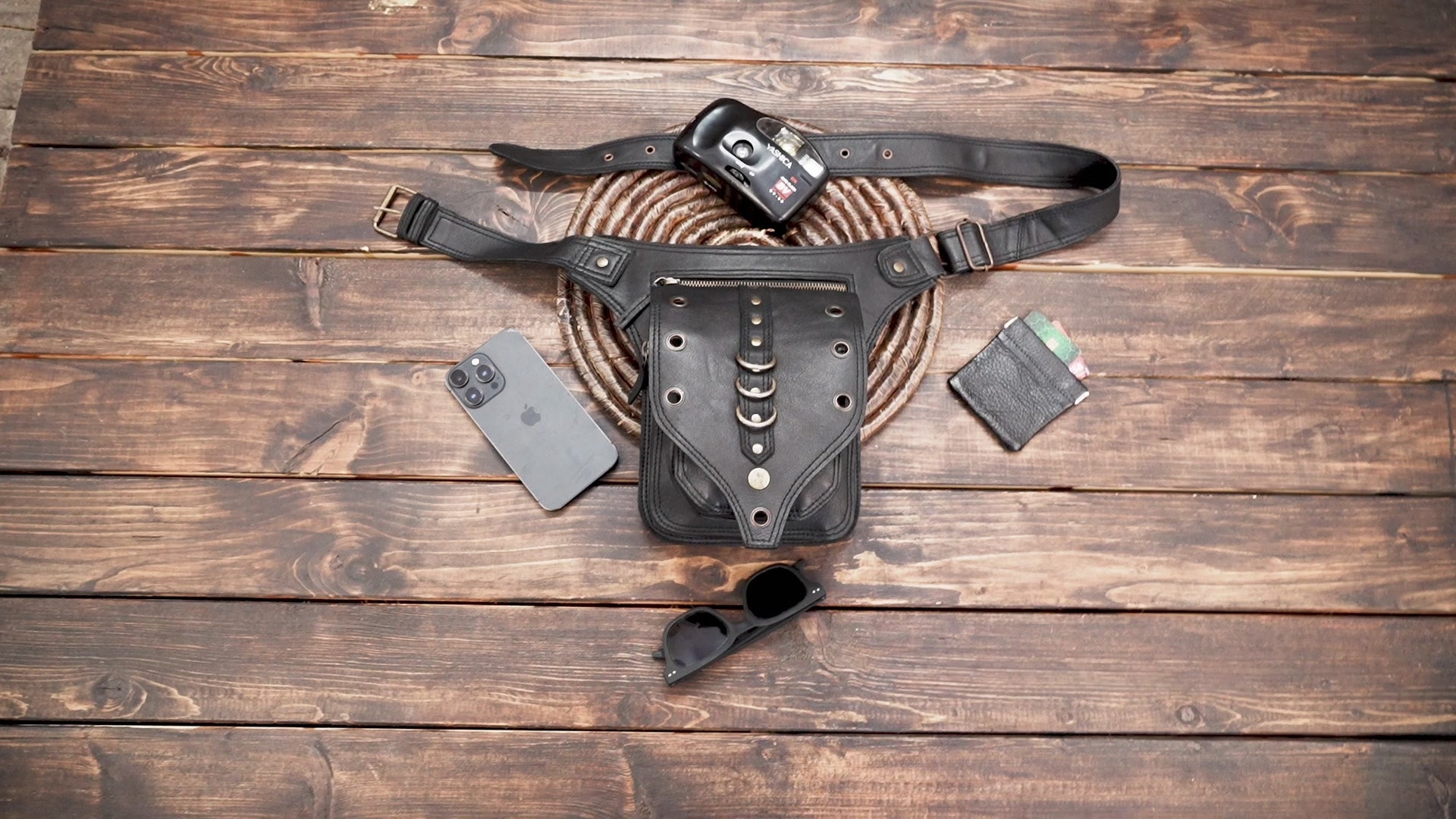 Gothic style leather utility belt bag with edgy details