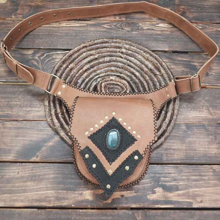 Boho tribal leather festival belt with gemstone centerpiece