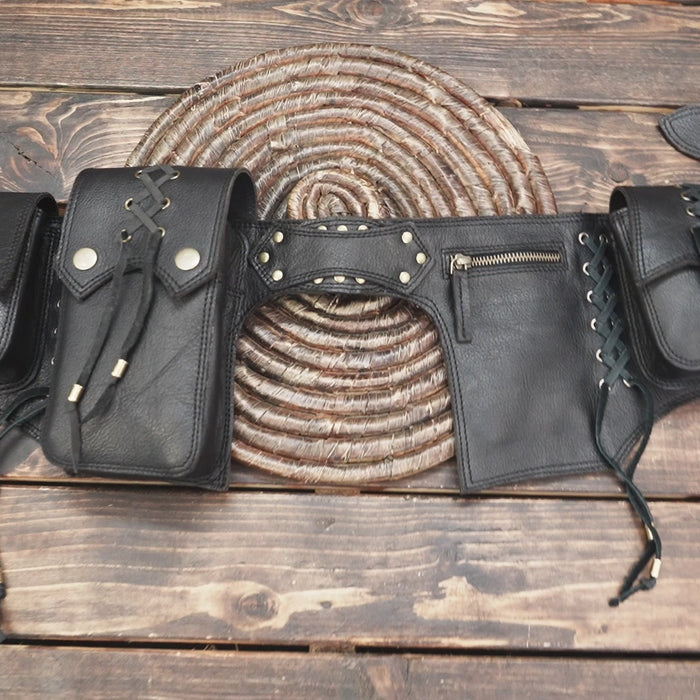 Handmade black leather hip belt with pockets