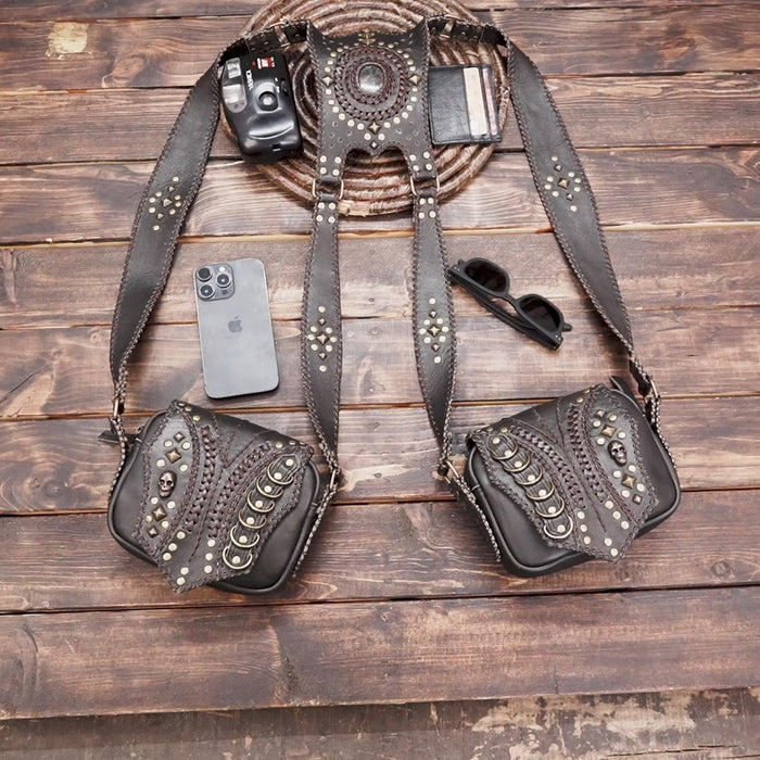 Artisan black and brown leather harness bag for festivals and bikers