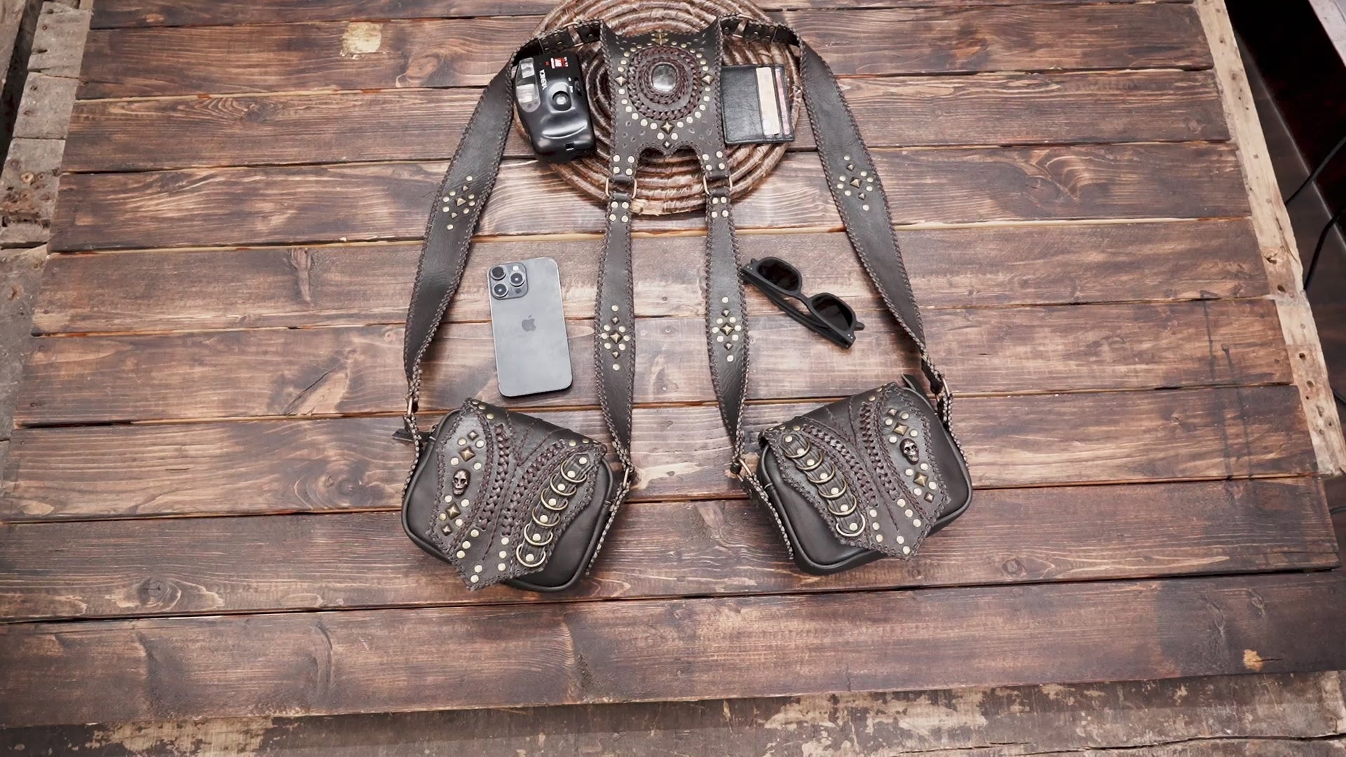 Artisan black and brown leather harness bag for festivals and bikers