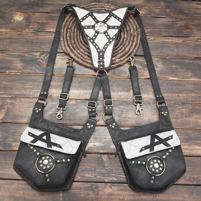 Dual-pocket black and white leather holster with vintage steampunk accents.