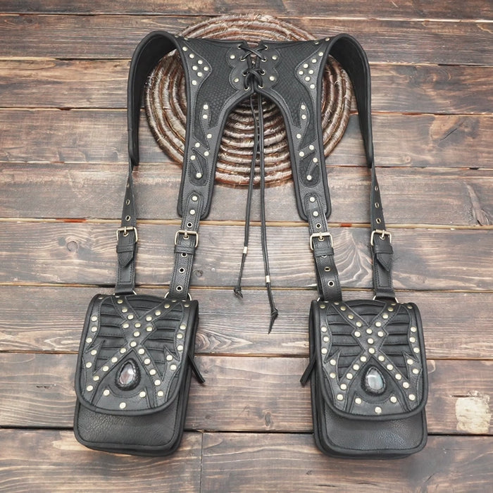 Black Leather Holster with Double Pockets – Steampunk & Cosplay Accessory For Unisex with gemstone 
