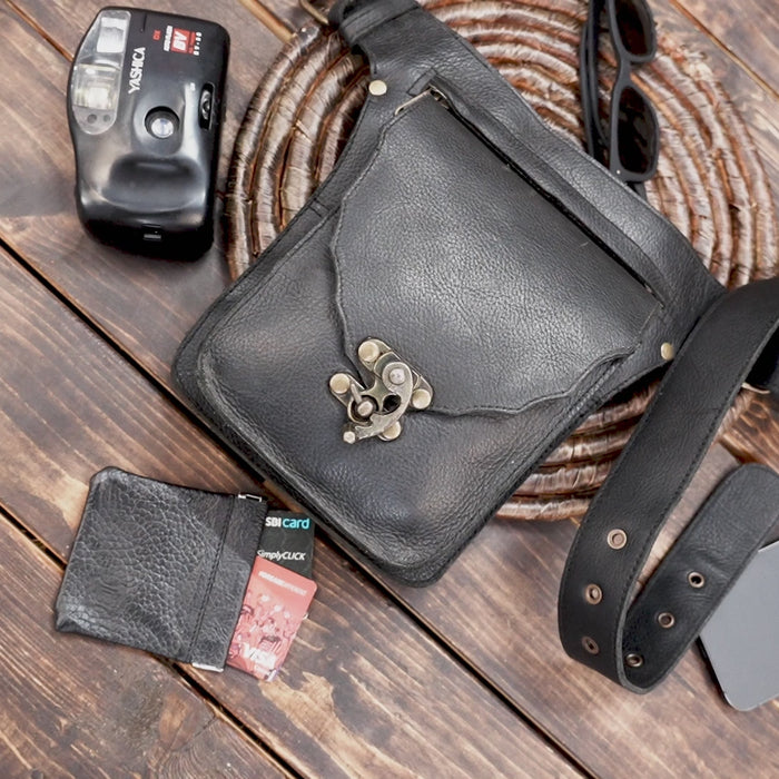 Leather Bum Bag – Handmade Vintage Belt Pouch | Small black Festival Purse | Unisex Travel for store mobile and cards