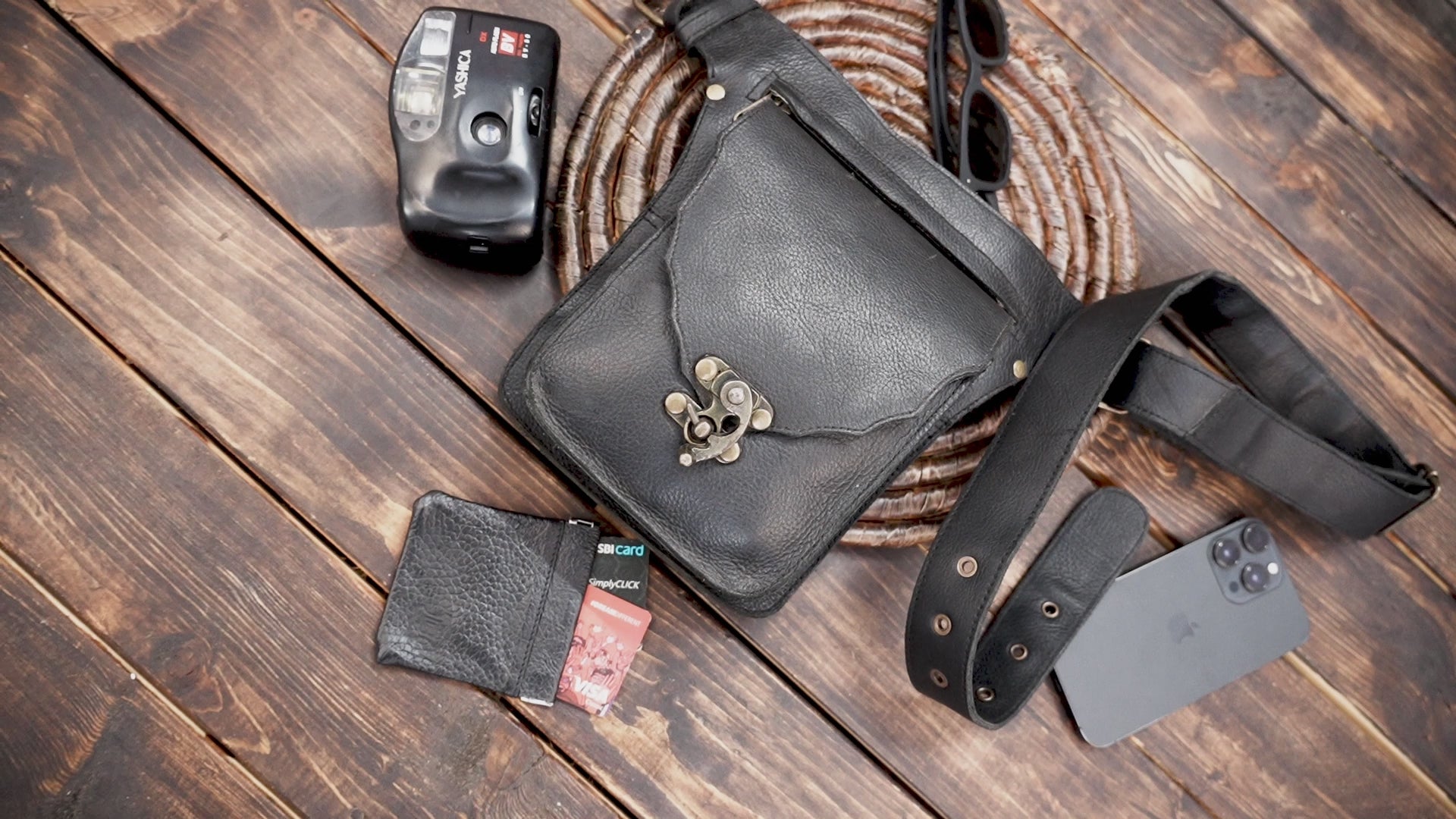Leather Bum Bag – Handmade Vintage Belt Pouch | Small black Festival Purse | Unisex Travel for store mobile and cards