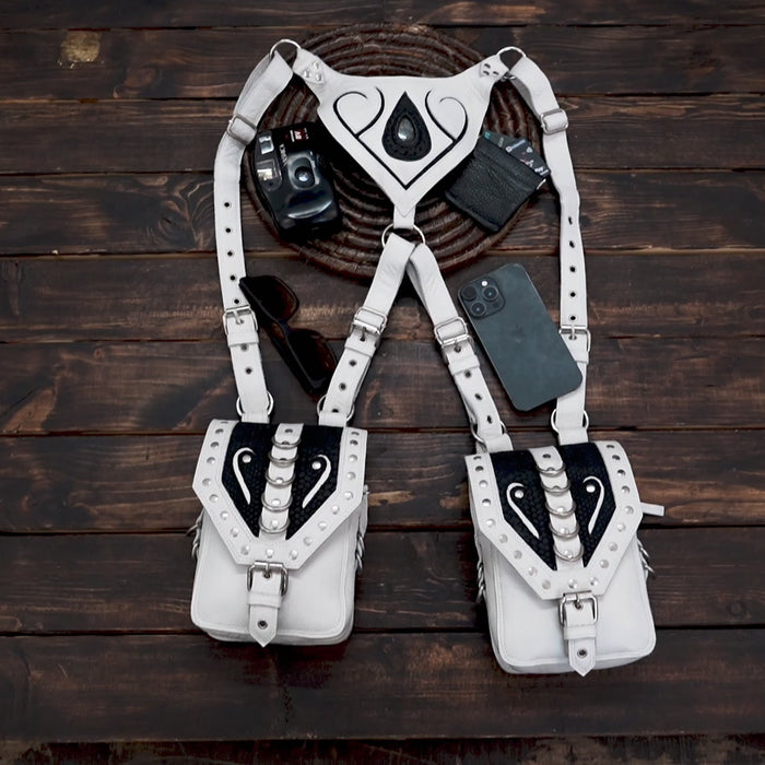 Black & White Leather Holster with Stud Detailing – Steampunk & Gothic Fashion