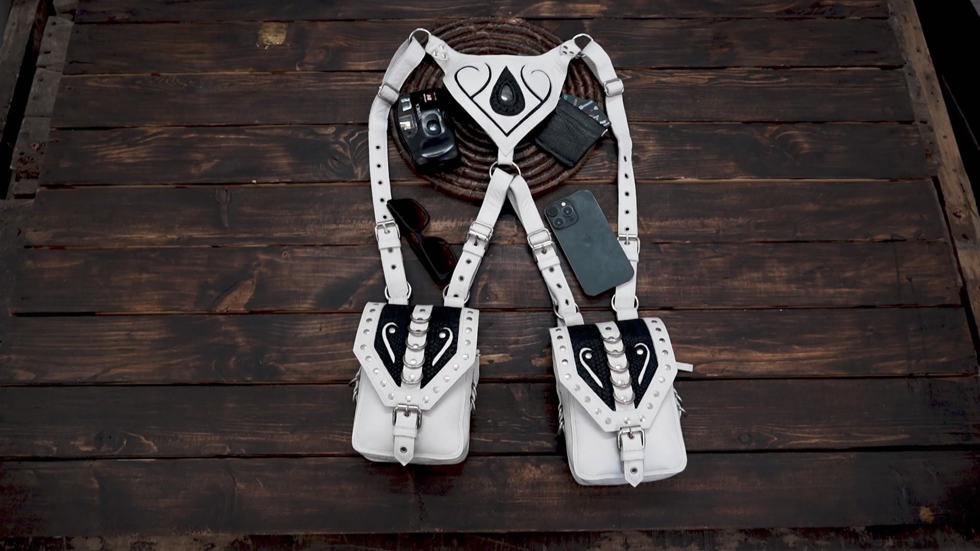 Black & White Leather Holster with Stud Detailing – Steampunk & Gothic Fashion