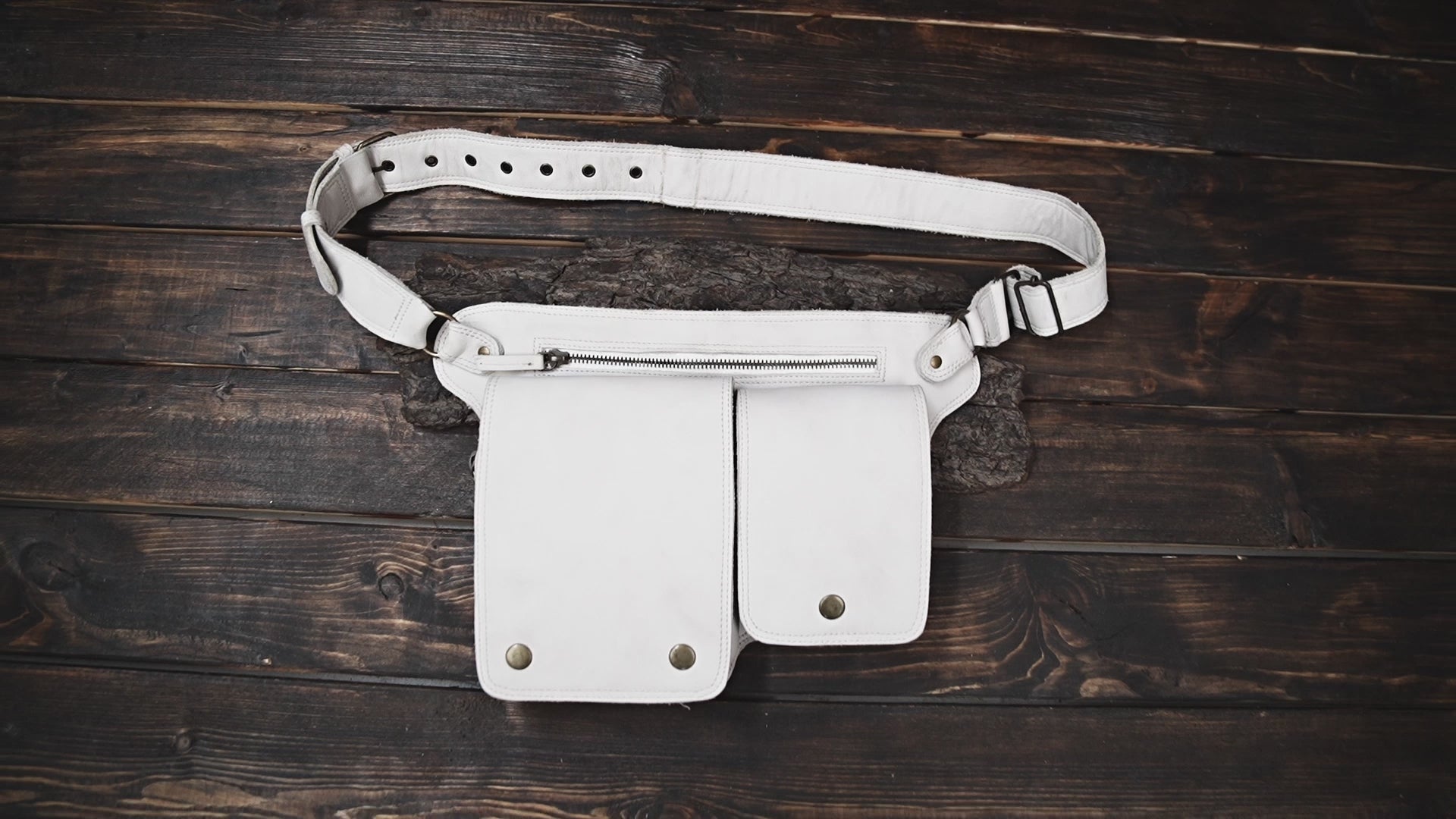 Handmade leather waist pouch in white color
