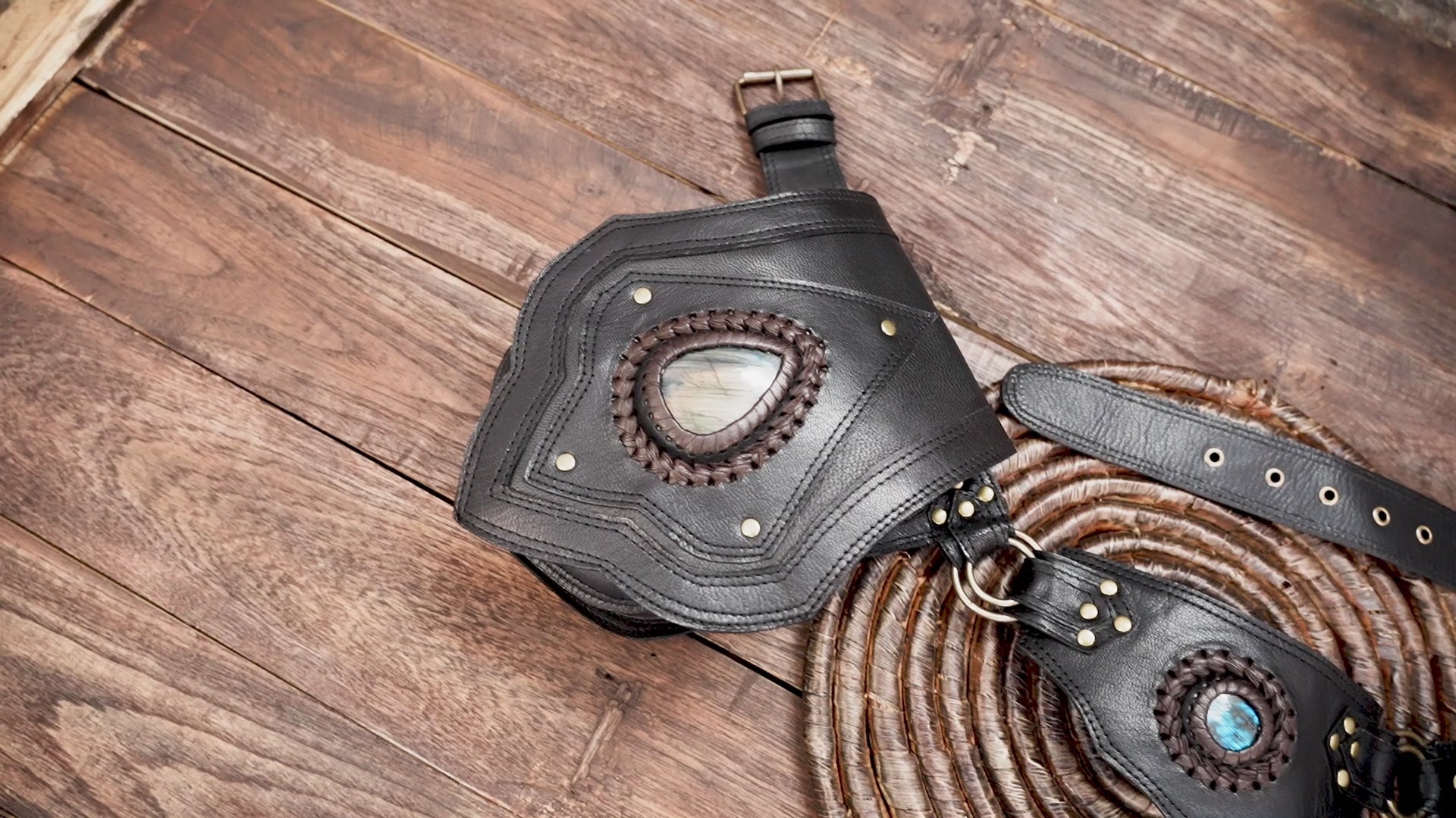 Boho festival leather hip bag with turquoise stone and studs