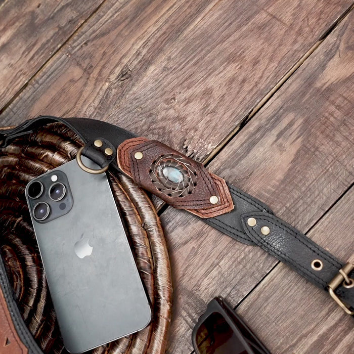 Handmade Leather Holster Belt with Dual Utility Pouches, Steampunk Festival Leather Harness Belt with Gemstone Design