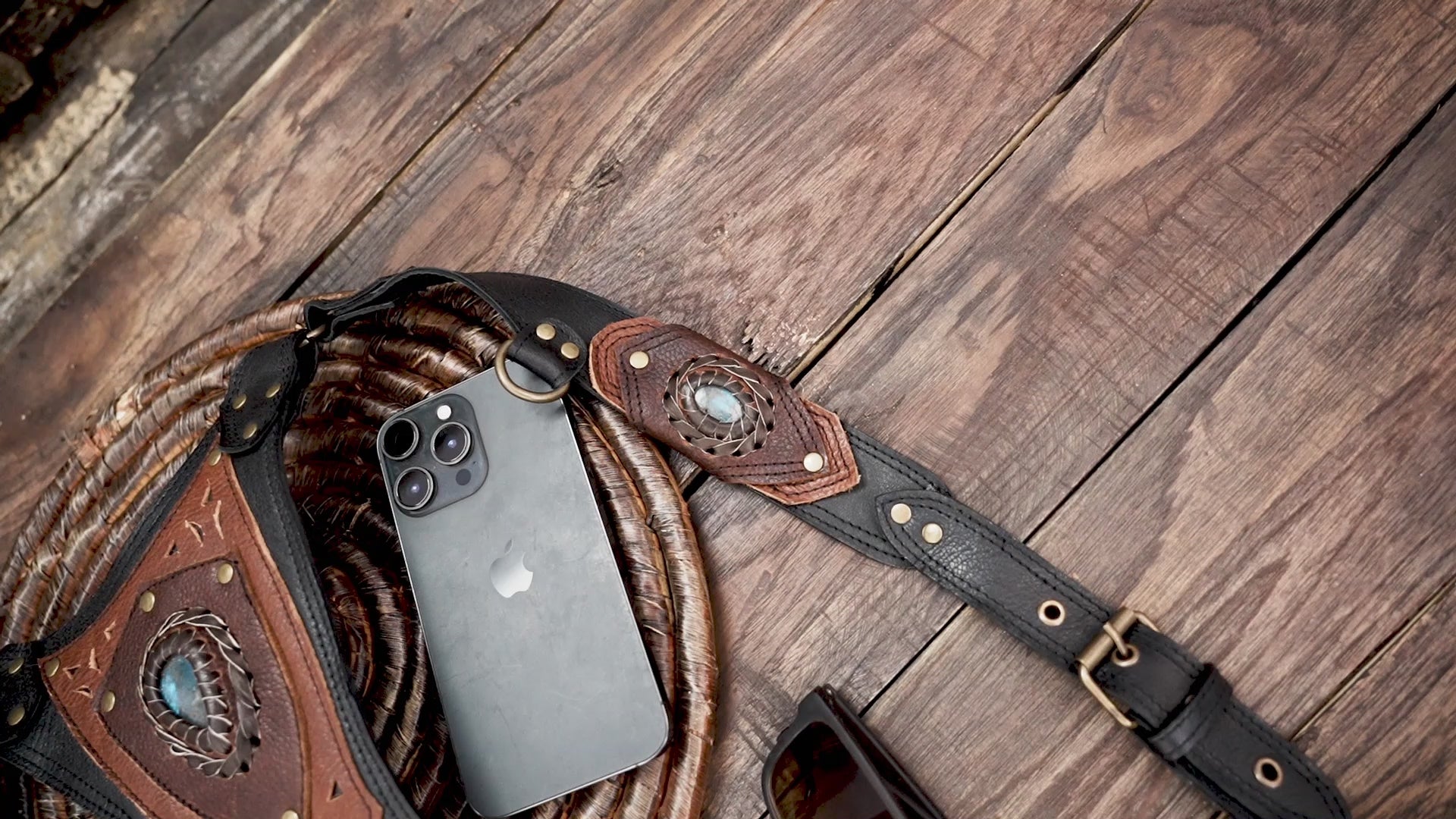 Handmade Leather Holster Belt with Dual Utility Pouches, Steampunk Festival Leather Harness Belt with Gemstone Design