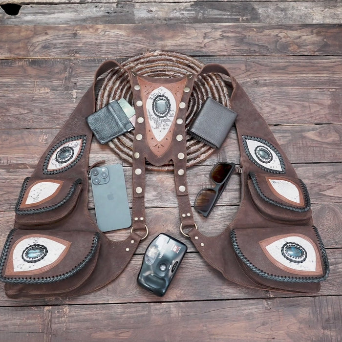 Handmade Leather Shoulder Holster Bag With Real Labradorite Gemstones with multiple pocket 