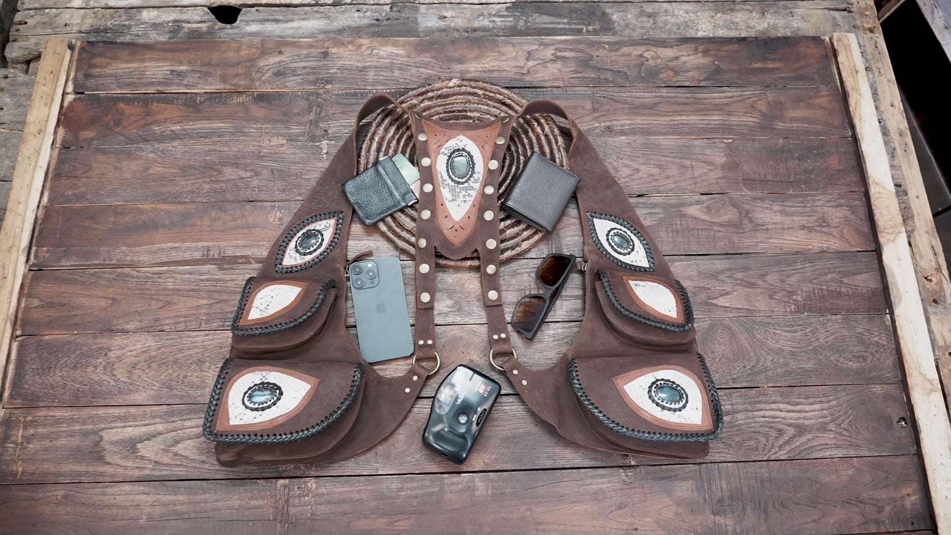 Handmade Leather Shoulder Holster Bag With Real Labradorite Gemstones with multiple pocket 