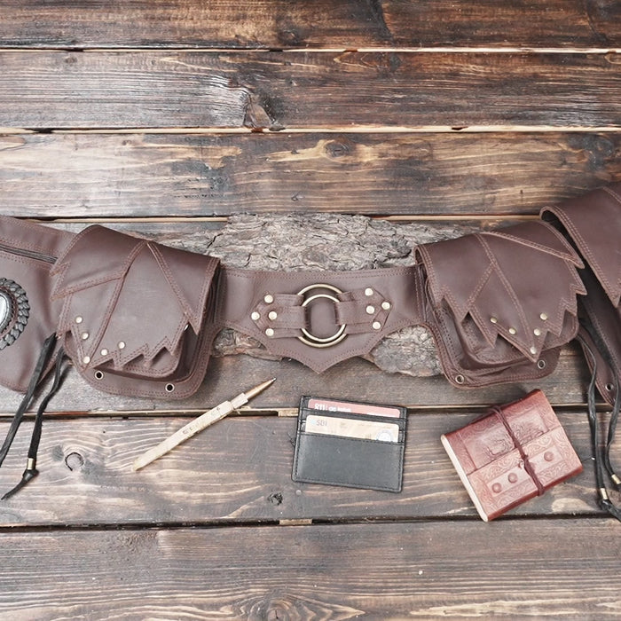 Handmade brown leather festival belt with rustic pouch design