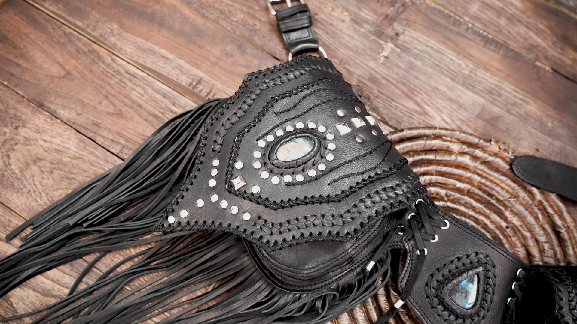 Burning Man style leather belt bag with gemstone accents