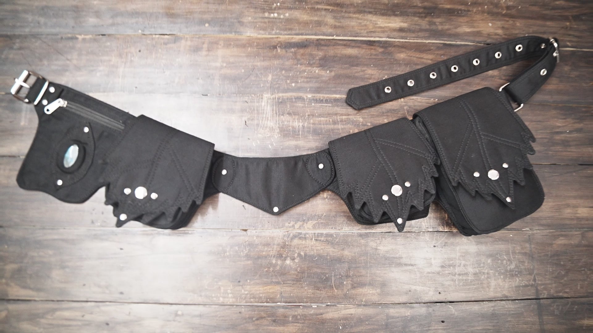 Gothic style black cotton waist bag with secure zipper pockets