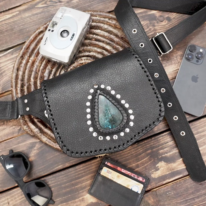 Buy Handmade Black Leather Belt Bag: Gemstone Fanny Pack, Tribal Boho Style Online in usa