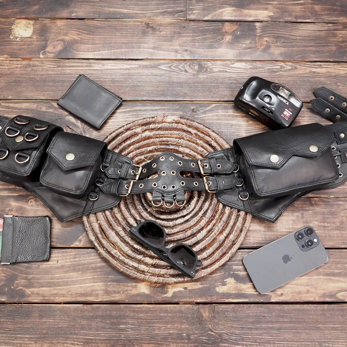 Leather Utility Belt, Pocket Belt, Leather Festival Belt, Steampunk Belt, Leather Pocket Belt, Boho Accessories, Travel Hip bag with unique style 