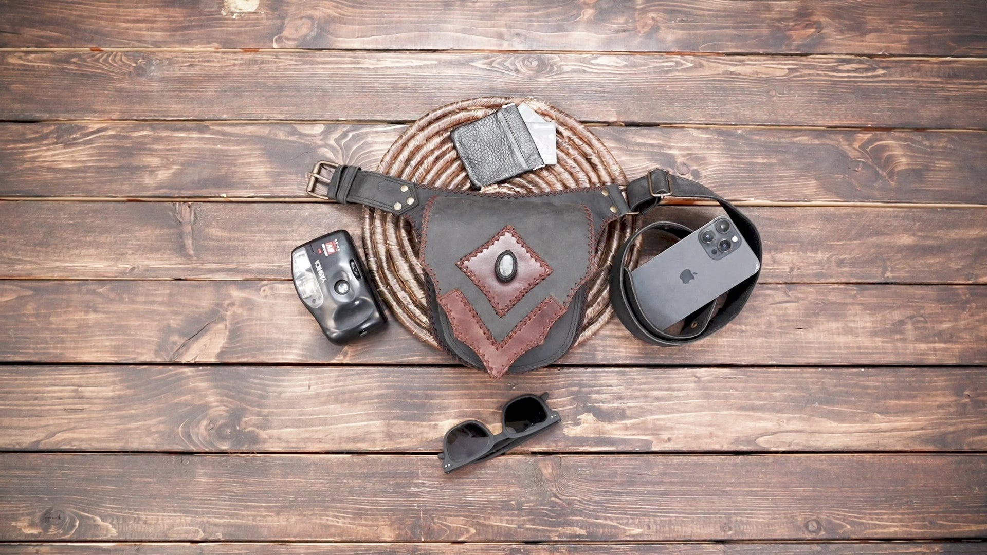 Handmade Leather Waist Pouch with Gemstone – Steampunk & Gothic Belt Bag