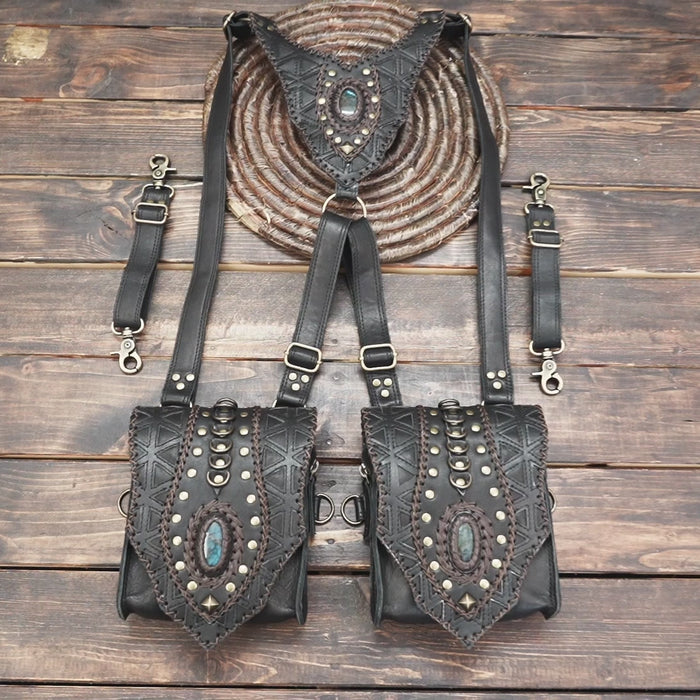 “Artisan black leather dual pouch holster with carved patterns and stone inlays”