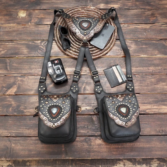 Black & Brown Leather Holster with Gemstone Accents – Steampunk & Gothic Accessory