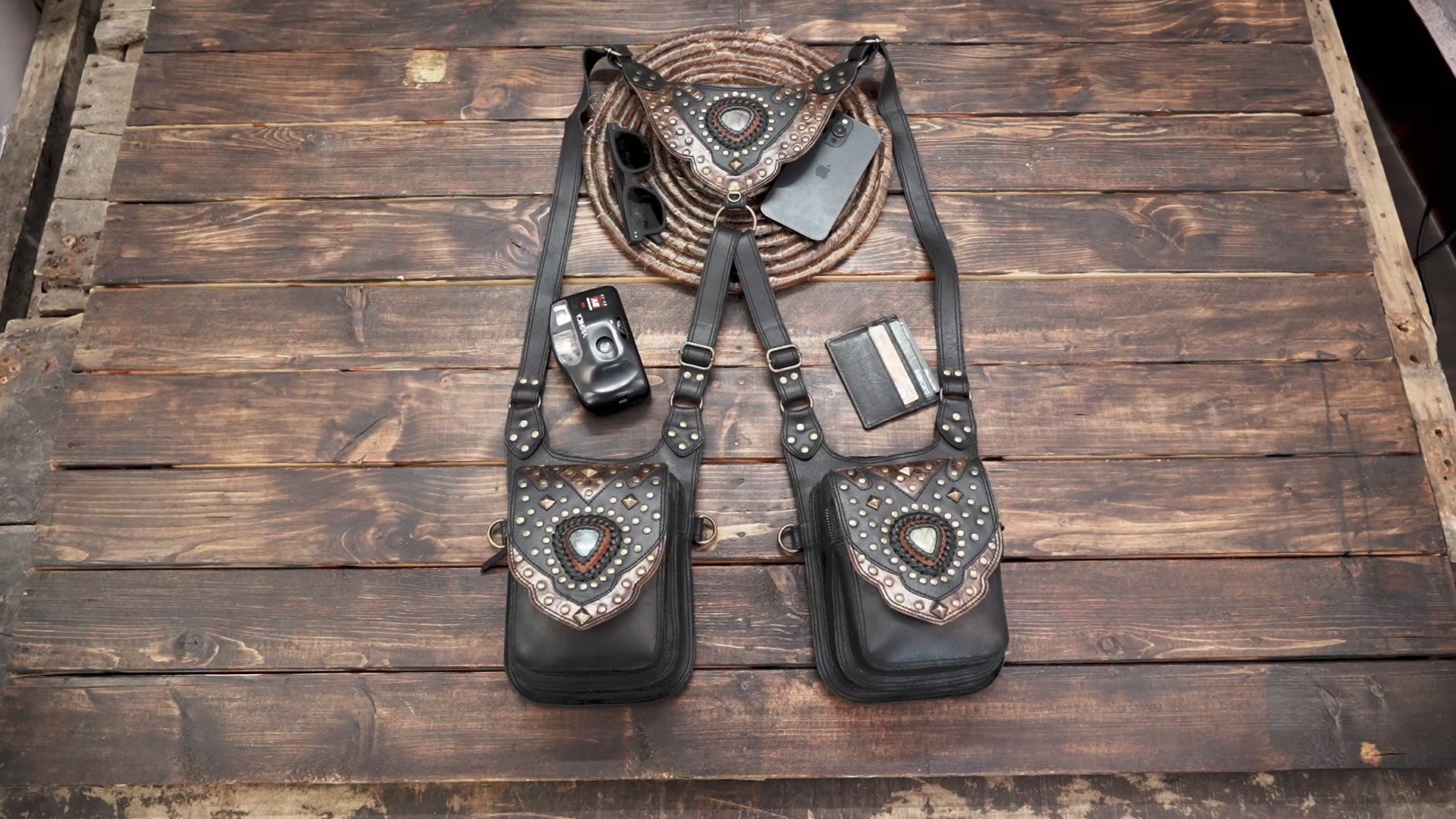 Black & Brown Leather Holster with Gemstone Accents – Steampunk & Gothic Accessory