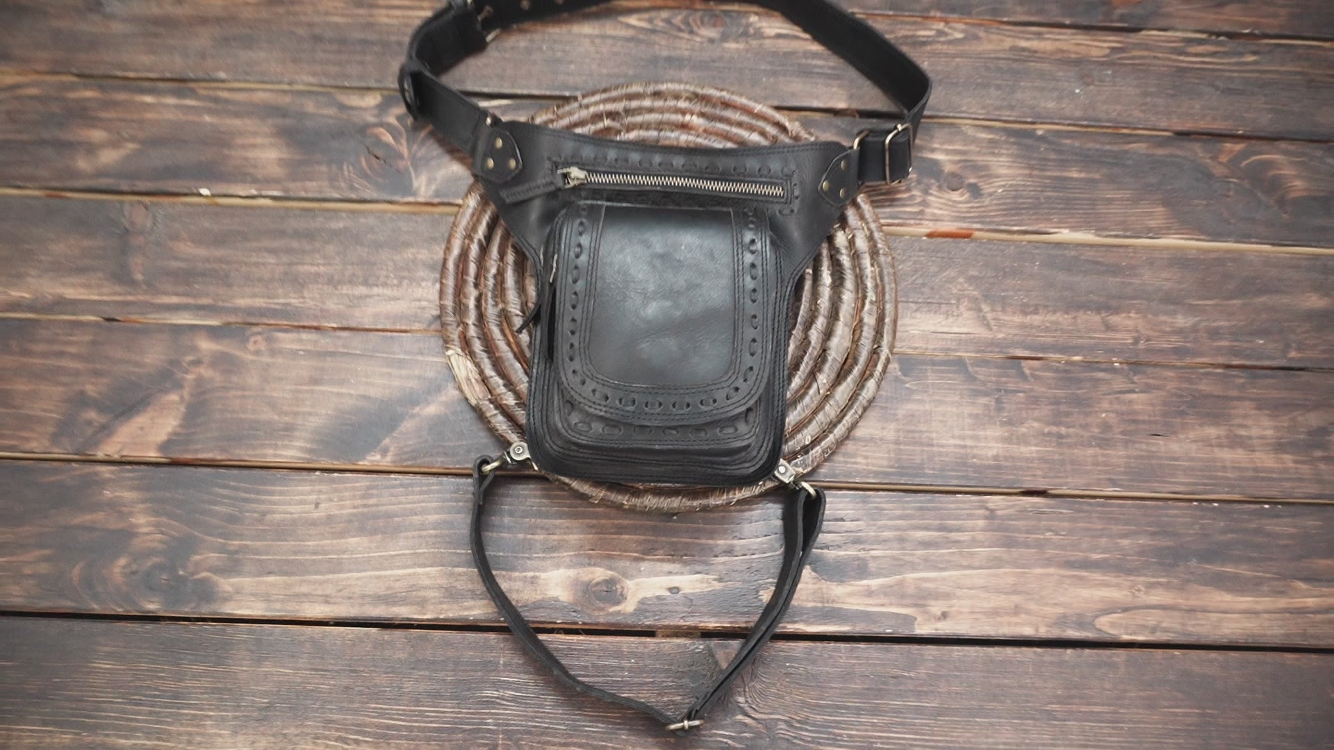 Handmade Black Leather Waist Thigh Belt with Zipper Pouch | Steampunk Leather Thigh Bag| Festival Waist Belt for Unisex (LT/AB/WBTS/6020)
