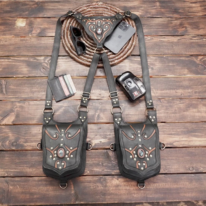 Buy Handmade Leather Holster Belt With Dual Utility Pouches, Steampunk Festival Leather Harness Belt with gemstone 