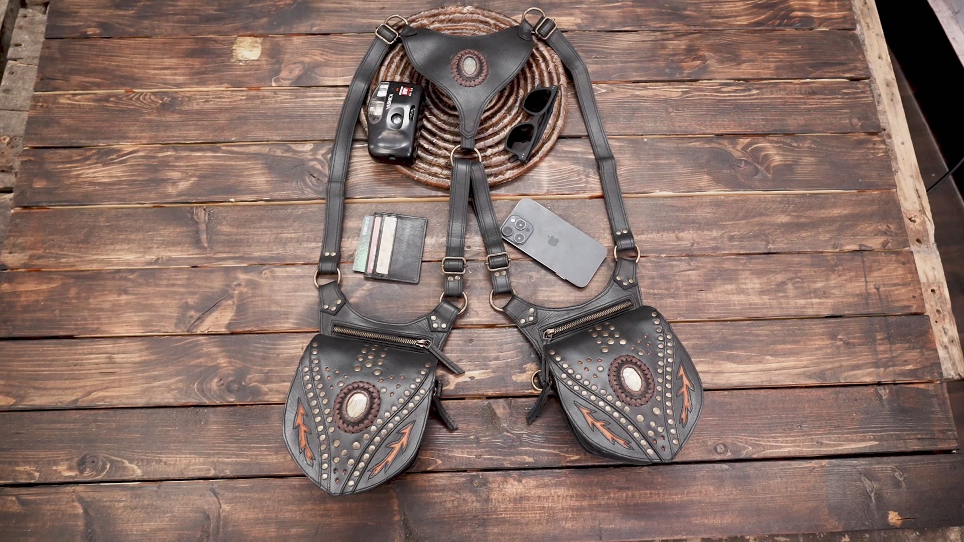 Festival leather holster bag with gemstone and studs