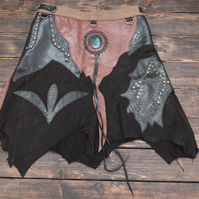 Boho tribal leather skirt belt for women with gemstone centerpiece