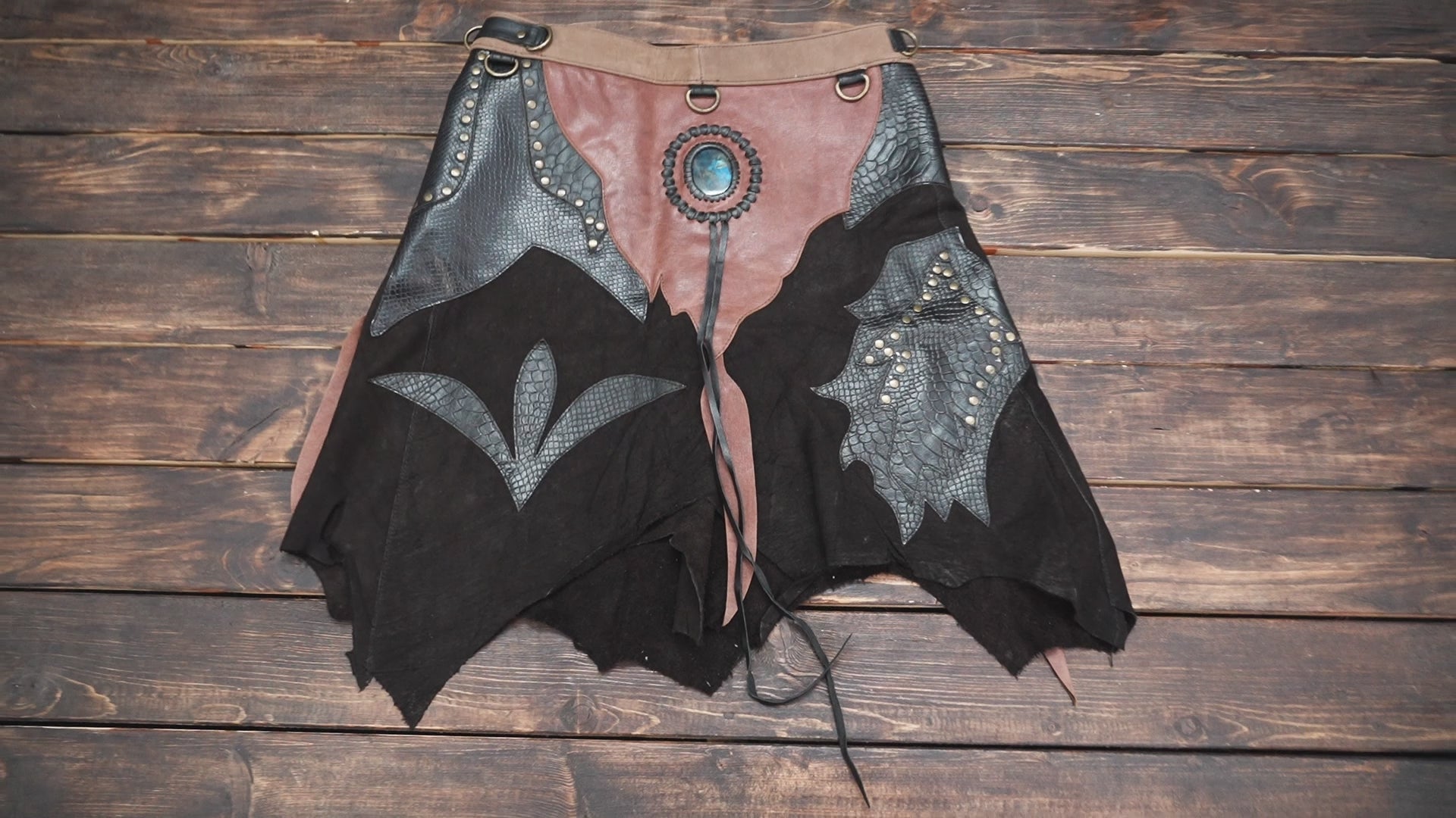 Boho tribal leather skirt belt for women with gemstone centerpiece