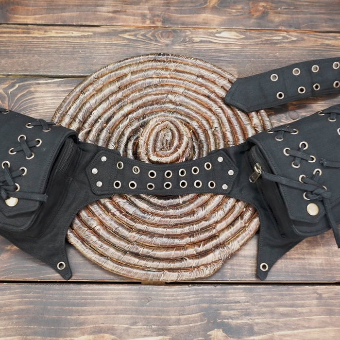 Festival waist bag , Steampunk style in black cotton canvas 100% cotton 