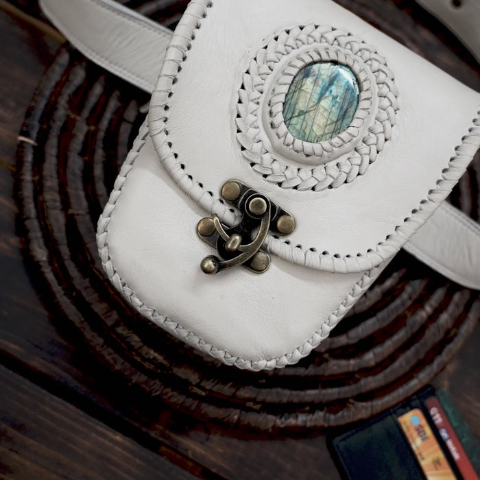 Handmade Leather Belt Bag: Gemstone Accent, Festival Fanny Pack