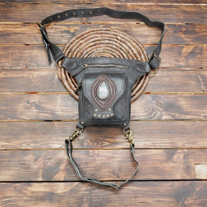 Bohemian Leather Belt Bag: Gemstone Accent, Unisex Festival Waist Bag
