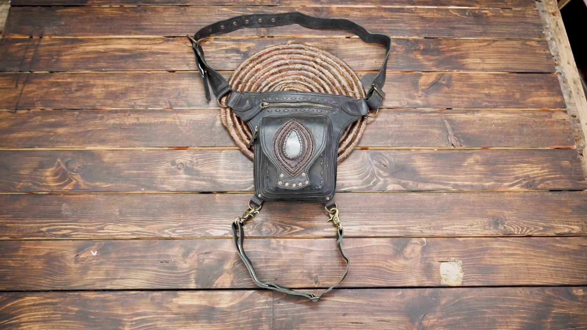 Bohemian Leather Belt Bag: Gemstone Accent, Unisex Festival Waist Bag