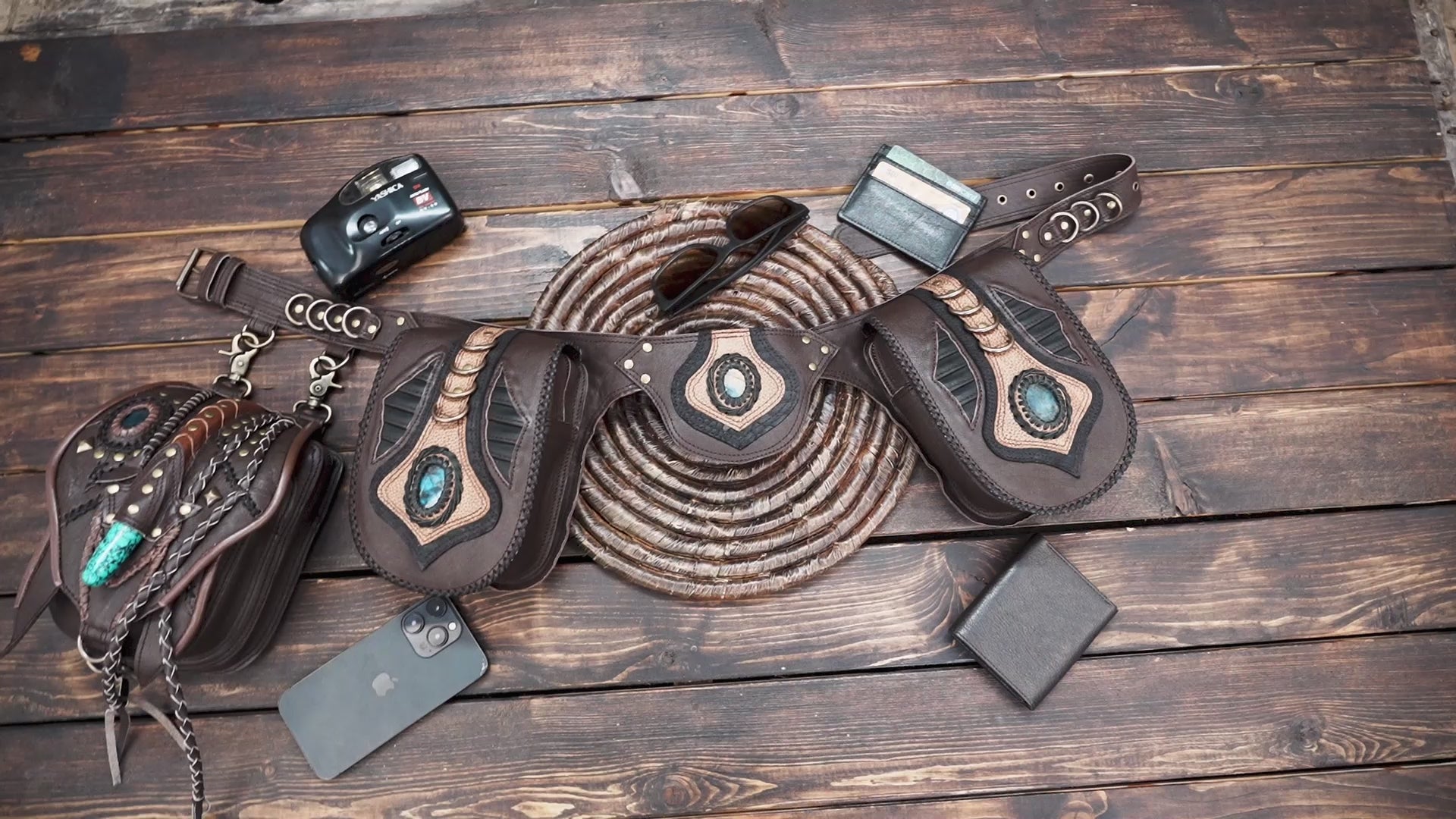 Western-style festival belt bag with handcrafted leather pockets