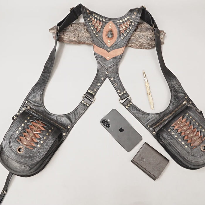 Steampunk leather chest harness with adjustable straps and utility pouches