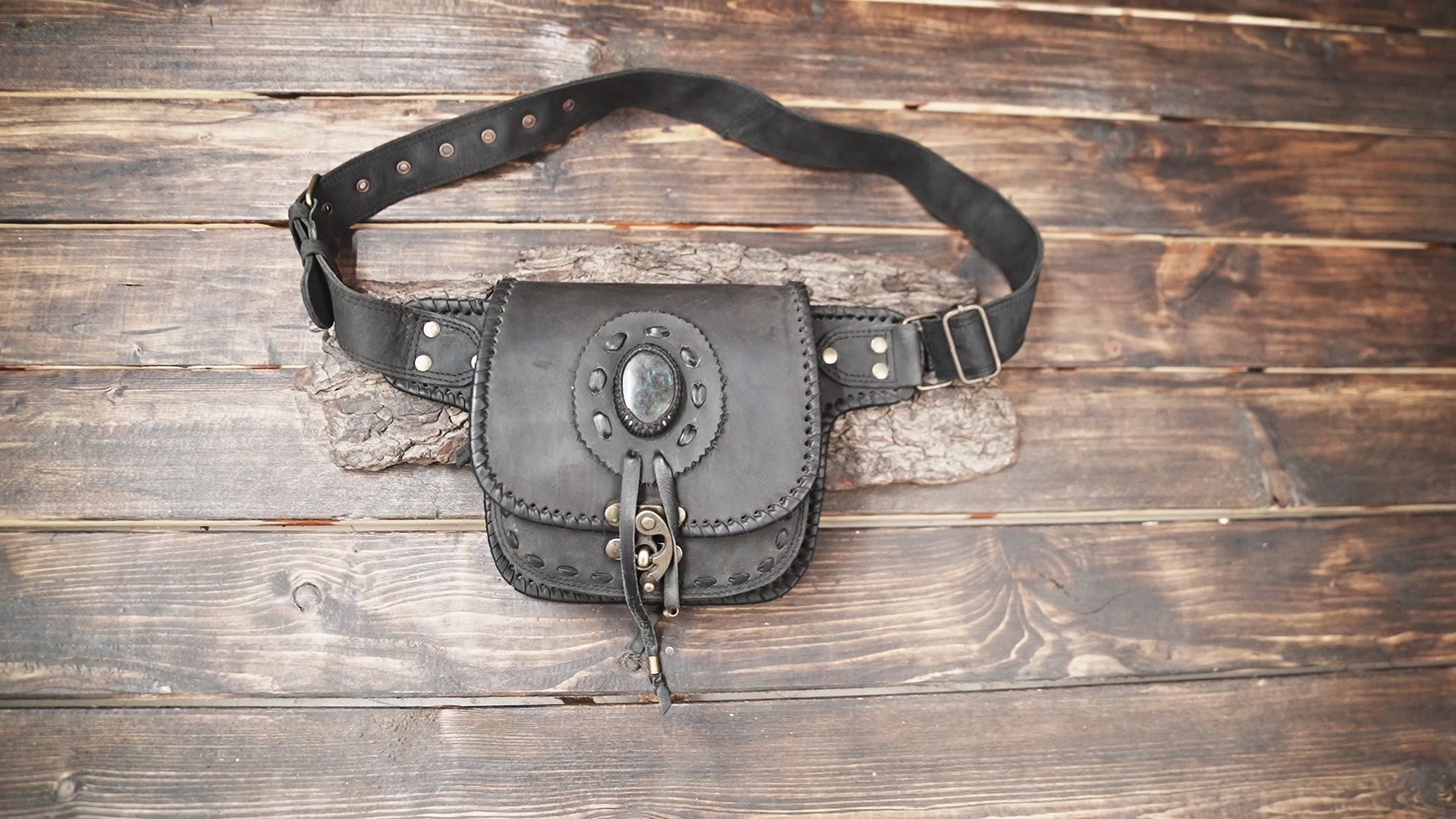 Gothic leather belt pouch with gemstone centerpiece